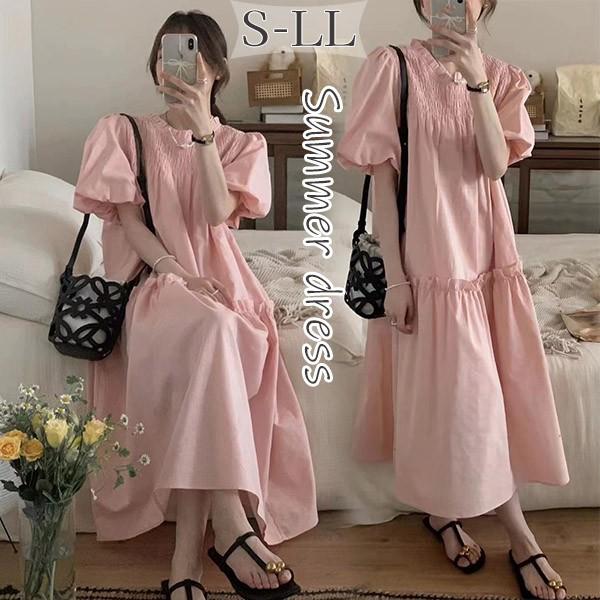 パフスリーブ ワンピース レディース 韓国 大人可愛い 夏ワンピ ピンク シンプル 半袖 おしゃれ かわいい リゾート 小柄 二次会 入学式の通販は 5,580円