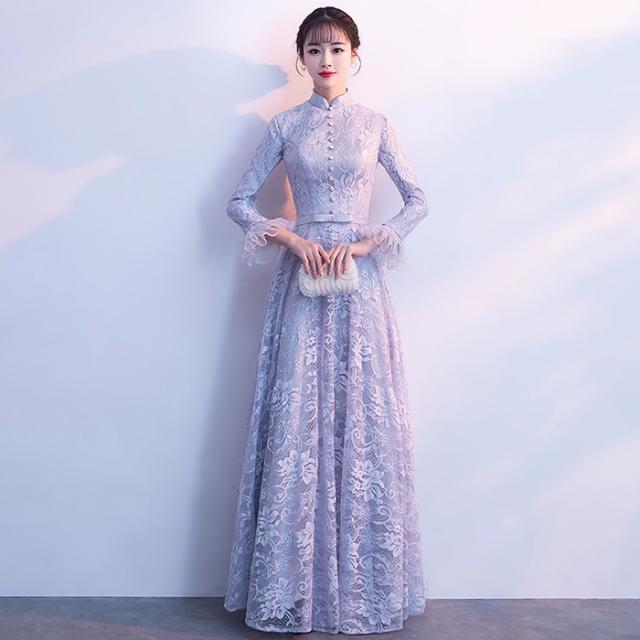 【送料無料】サイズ有XS/S/M/L/XL/2XL パーティードレス ロングドレス 演奏会 韓国 ぽっちゃり ハイネック 長袖 ファスナータイプ 大きいサイズ 舞踏会 披露宴 司会者 20代 30代 レース ブラック 成人式