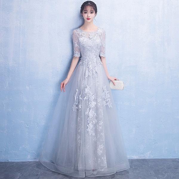 【送料無料】グレー ドレス ロング丈 二次会 袖付き ファスナータイプ エレガント パーティードレス 結婚式 親族 母親 フォーマル ワンピース 20代 30代 40代 大きいサイズ 送料無料】グレー ドレス ロング丈 二次会 袖付き ファスナータイプ