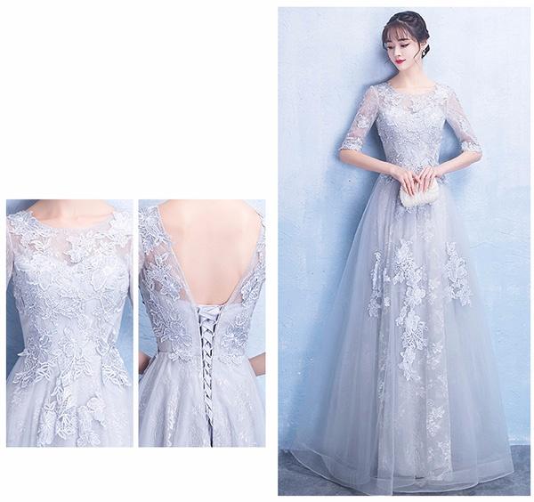 送料無料】グレー ドレス ロング丈 二次会 袖付き ファスナータイプ