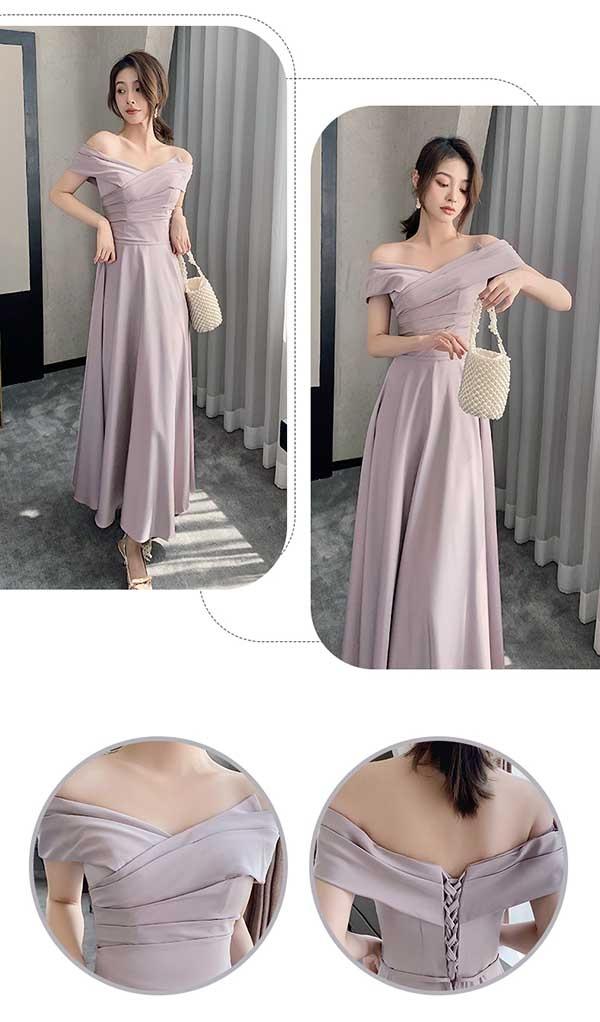 【送料無料】ブライズメイド ドレス ロング丈 袖付き オフショルダー パープル 4タイプ 結婚式 体型カバー 半袖 フリル パフスリーブ ワンショルダー 肩だし 編み上げ 謝恩会 二次会 卒業式 花嫁 ピアノ 発表会 送料無料】ブライズメイド ドレス ロング丈 袖付き オフショルダー