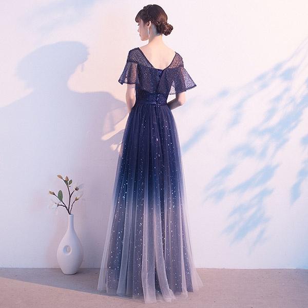 パーティードレス ロングドレス 結婚式 袖あり Vネック キラキラ グラデーション ドレス 半袖 成人式  同窓会 大人 ピアノ 発表会 Aライン ステージドレス 二次会 母親 ウエディング ハワイ ワンピース 上品 20代 30代 40代_9
