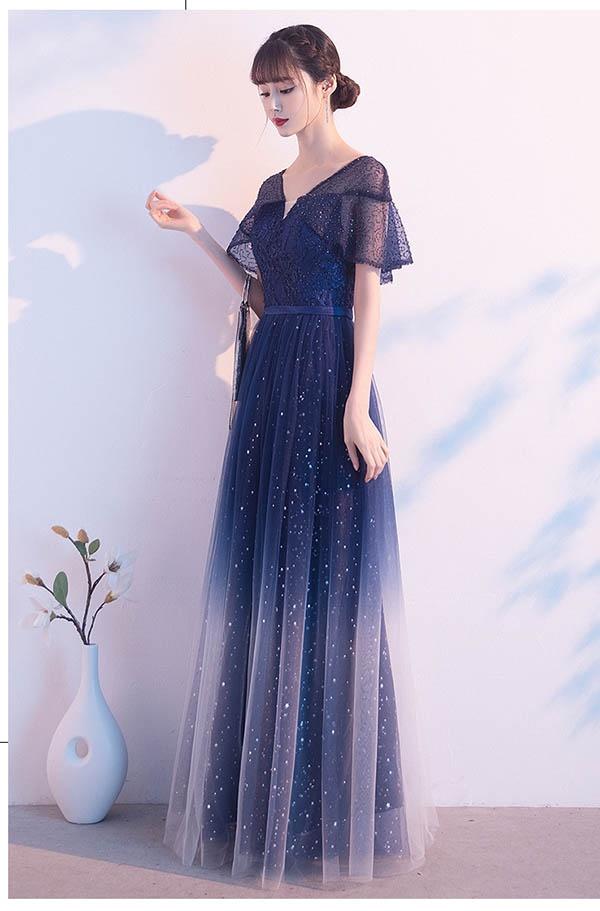 パーティードレス ロングドレス 結婚式 袖あり Vネック キラキラ グラデーション ドレス 半袖 成人式  同窓会 大人 ピアノ 発表会 Aライン ステージドレス 二次会 母親 ウエディング ハワイ ワンピース 上品 20代 30代 40代_6