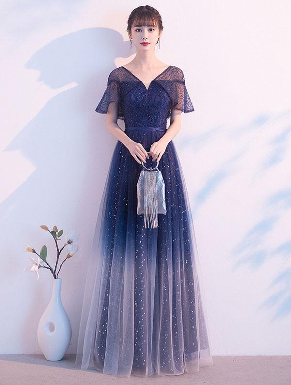 パーティードレス ロングドレス 結婚式 袖あり Vネック キラキラ グラデーション ドレス 半袖 成人式  同窓会 大人 ピアノ 発表会 Aライン ステージドレス 二次会 母親 ウエディング ハワイ ワンピース 上品 20代 30代 40代_7