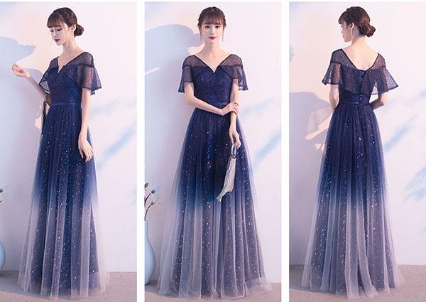 パーティードレス ロングドレス 結婚式 袖あり Vネック キラキラ グラデーション ドレス 半袖 成人式  同窓会 大人 ピアノ 発表会 Aライン ステージドレス 二次会 母親 ウエディング ハワイ ワンピース 上品 20代 30代 40代_8