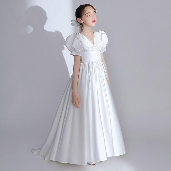 【送料無料】子供ドレス ワンピース ロングドレス パフスリーブ ピアノ発表会  夏 白 シンプル 半袖 サテン 子供 ドレス 女の子 フォーマルドレス パーティードレス 結婚式 七五三 発表会 フラワーガール キッズドレス_6