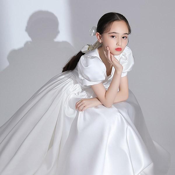 【送料無料】子供ドレス ワンピース ロングドレス パフスリーブ ピアノ発表会  夏 白 シンプル 半袖 サテン 子供 ドレス 女の子 フォーマルドレス パーティードレス 結婚式 七五三 発表会 フラワーガール キッズドレス_7