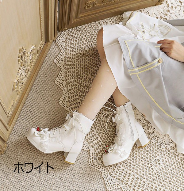 ショートブーツ レディース レース ボア付き 秋冬 ロリータ靴 可愛い