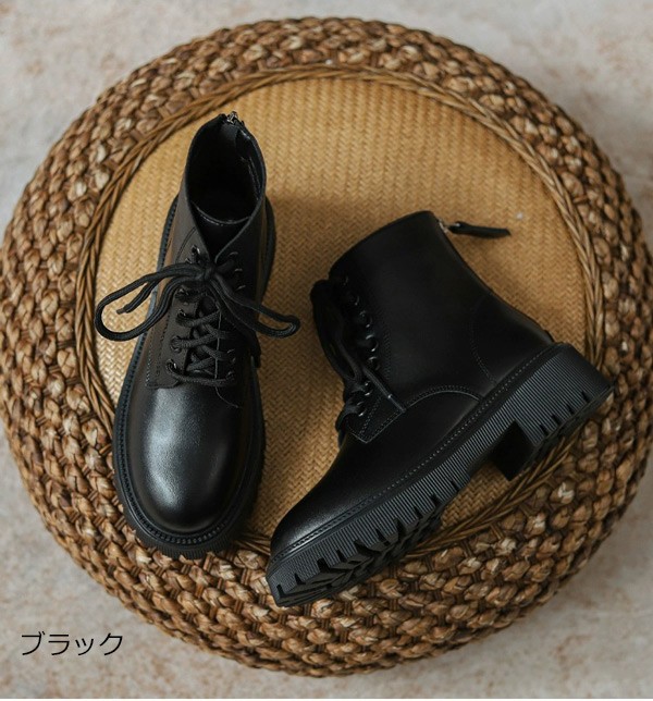 レースアップ ショートブーツ レディース 編み上げブーツ 黒 ブーツ
