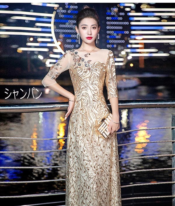 レディース パーティードレス 総レース Aライン 五分袖 ワンピース ロングドレス ドレス 結婚式 二次会 演奏会 袖あり 袖付き 花柄レース ディナー 大きいサイズ 大人_1