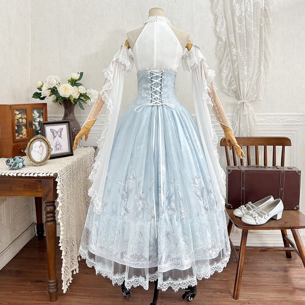 ロリータセットOP+SK  パフスリーブ ハイウエスト レース ゴシック ケーキドレス パーティー クリスマス 結婚式 二次会 デート_8