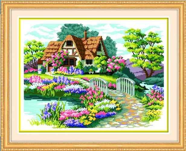 クロスステッチ 刺繍キット 美しい庭と家 風景 46x34cm 図柄印刷