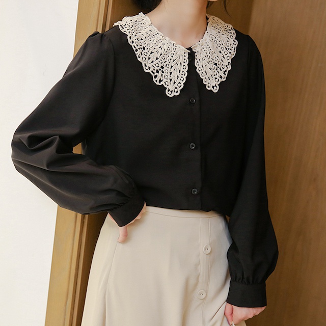 レディース トップス 春 ブラウス 売れ筋 おすすめ 春物 長袖 シャツ 大きな襟 レース モノトーン ガーリー ゆったり 可愛い デートの通販はau Pay マーケット ｈａｒｕ ｆｏｏ