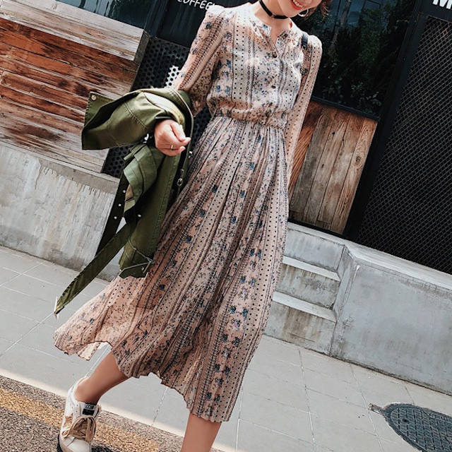 レディース ワンピース 春秋 トレンド 春物 新作 長袖 膝下丈 マキシ丈 シフォン プリーツ ウエストゴム クルーネック レトロ デートの通販はau Pay マーケット ｈａｒｕ ｆｏｏ