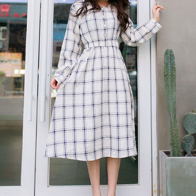 レディース ワンピース 春 人気 春物 長袖 チェック シャツワンピ フレア ミモレ丈 クルーネック ガーリー 可愛い デート 女子会 きれいの通販はau Pay マーケット ｈａｒｕ ｆｏｏ