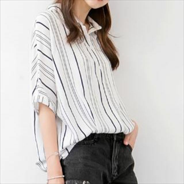 レディース トップス 春夏 新作 春物 ブラウス シャツ 半袖 五分袖 ストライプ柄 シンプル スキッパーシャツ ゆったり 大人 カジュアルの通販はau Pay マーケット ｈａｒｕ ｆｏｏ