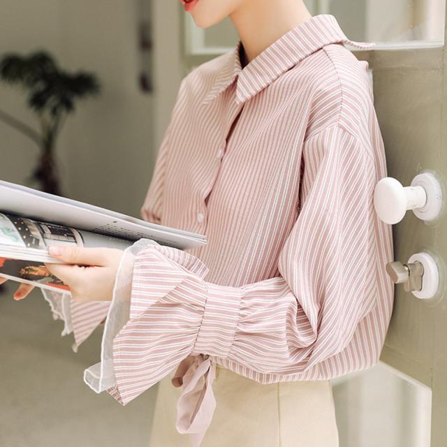 レディース トップス 春秋 シャツ ブラウス 長袖 ベルスリーブ リボン袖 バックリボン ストライプ柄 ガーリー 大人 シンプル カジュアルの通販はau Pay マーケット ｈａｒｕ ｆｏｏ