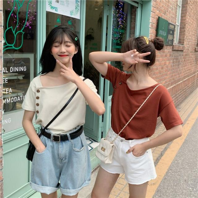 レディース トップス 夏 ｔシャツ 半袖 斜めボタン アシンメトリー カジュアル おしゃれ 可愛い アプリコット グリーン ブラウン Hfの通販はau Wowma ｈａｒｕ ｆｏｏ