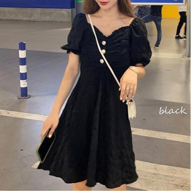 レディース ワンピース ミディアム ワンピース ドレス 半袖 パフスリーブ ｖネック フロントボタン リボン ミディアム丈 膝丈 ハイウエスの通販はau Pay マーケット ｈａｒｕ ｆｏｏ