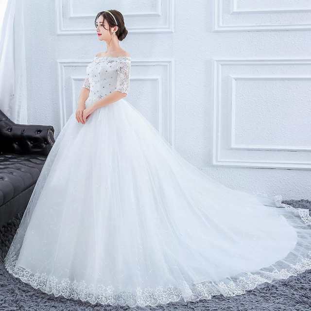ボートネック オフショルダー ウエディングドレス ロング丈 Aライン 結婚式ドレス 花嫁ドレス 披露宴 挙式 プリンセスドレス 白 ホワイトドレスの通販は