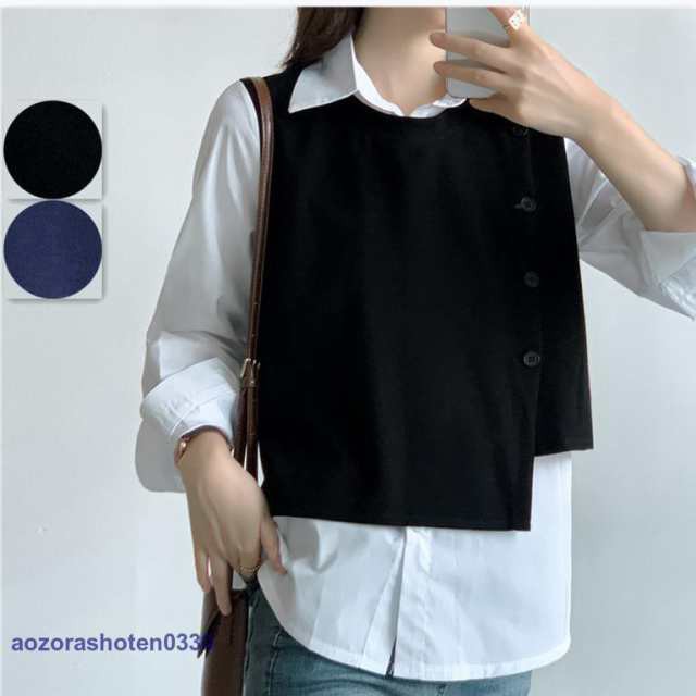 ブラウス レディース 切り替え レイヤード風 シャツ 重ね着 長袖 カジュアル ドッキング トップス 春 夏 秋 Tシャツ チュニック ゆったり ロングｔの通販は