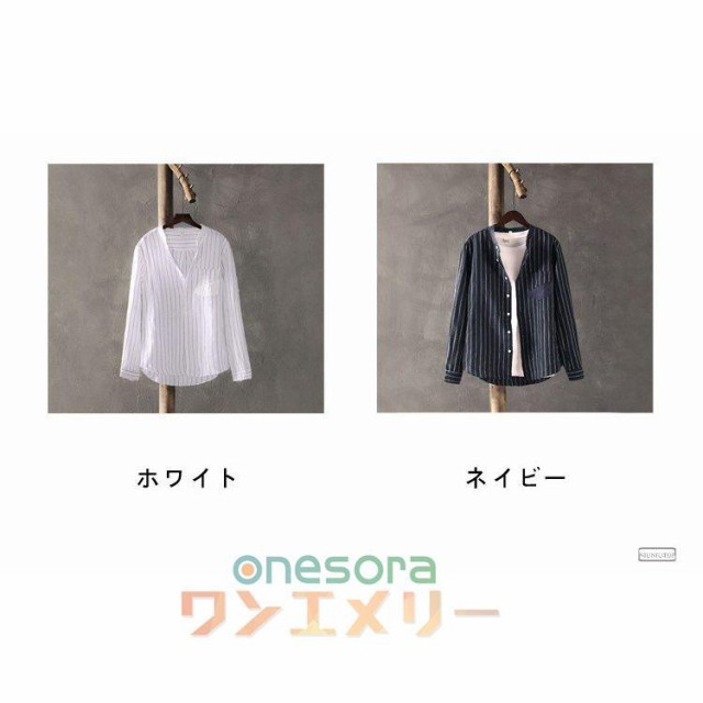 長袖シャツ リネン スタンドカラーシャツ メンズ バンドカラーシャツ ストライプ柄 麻混シャツ カジュアルシャツ 白シャツの通販は