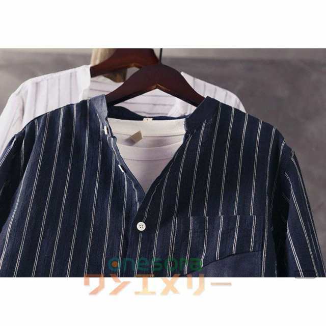 長袖シャツ リネン スタンドカラーシャツ メンズ バンドカラーシャツ ストライプ柄 麻混シャツ カジュアルシャツ 白シャツの通販は