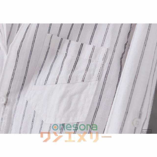 長袖シャツ リネン スタンドカラーシャツ メンズ バンドカラーシャツ ストライプ柄 麻混シャツ カジュアルシャツ 白シャツの通販は