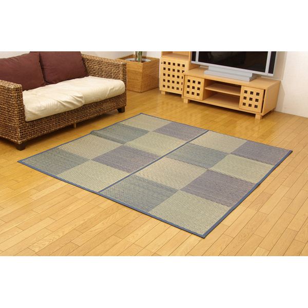 い草 花ござ/ラグマット (市松柄 ブルー 江戸間6畳 約261×352cm) 裏：不織布 防傷加工 抗菌＆防臭効果 裏張CP (リビング) |b04の通販は 15,288円