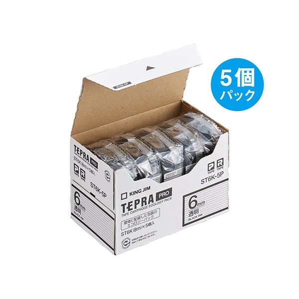 キングジム テプラ PRO テープカートリッジ 6mm 透明/黒文字 ST6K-5P 1パック(5個) |b04