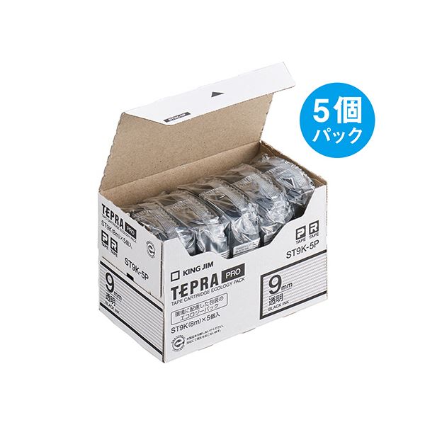 キングジム テプラ PRO テープカートリッジ 9mm 透明/黒文字 ST9K-5P 1パック(5個) |b04