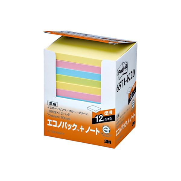 （まとめ） 3M ポストイット エコノパック ノート 再生紙 75×100mm 混色 6571-K20 1パック（12冊） (×2セット) |b04の通販は