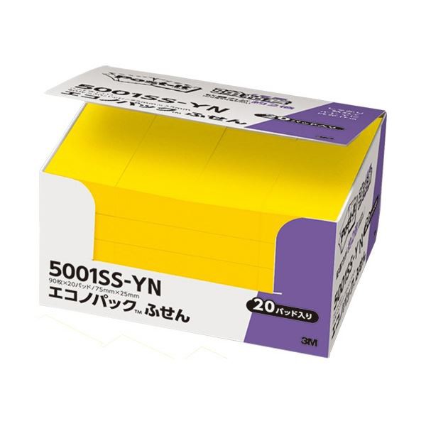 (まとめ) 3M ポスト・イット エコノパック 強粘着ふせん 75×25mm ビビットイエロー 5001SS-YN 1パック(20冊) (×5セット) |b04