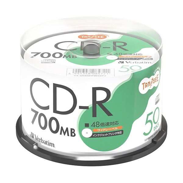 (まとめ) TANOSEE バーベイタム データ用CD-R 700MB 48倍速 ホワイトワイドプリンタブル スピンドルケース SR80FPW50T2 1パック(50枚) (