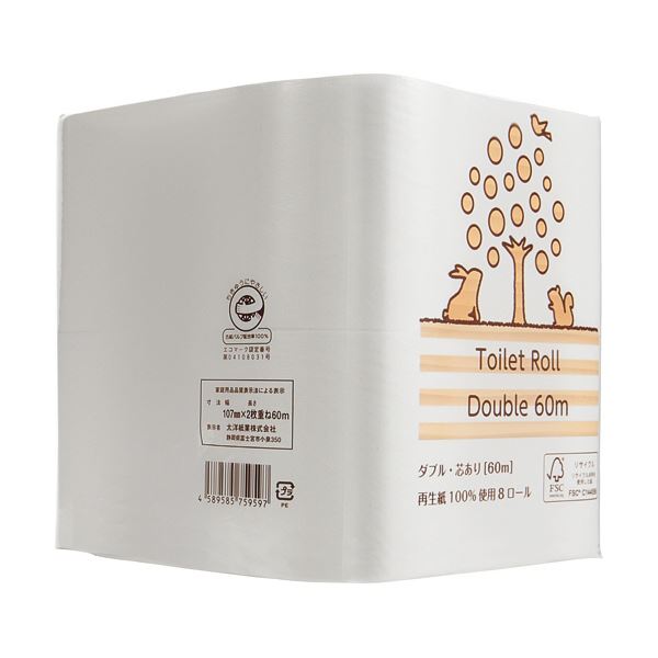（まとめ） TANOSEEリサイクルトイレットペーパー（2倍巻） ダブル 芯あり 60m 1セット（48ロール：8ロール×6パック） (×3セット) |b04の通販は