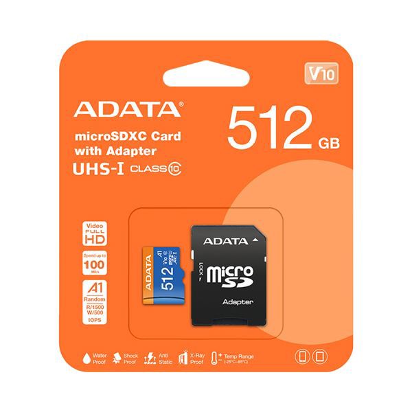 ADATAmicroSDXC メモリーカード 512GB U1 Class10 A1 AUSDX512GUICL10A1-RA1 1枚 |b04