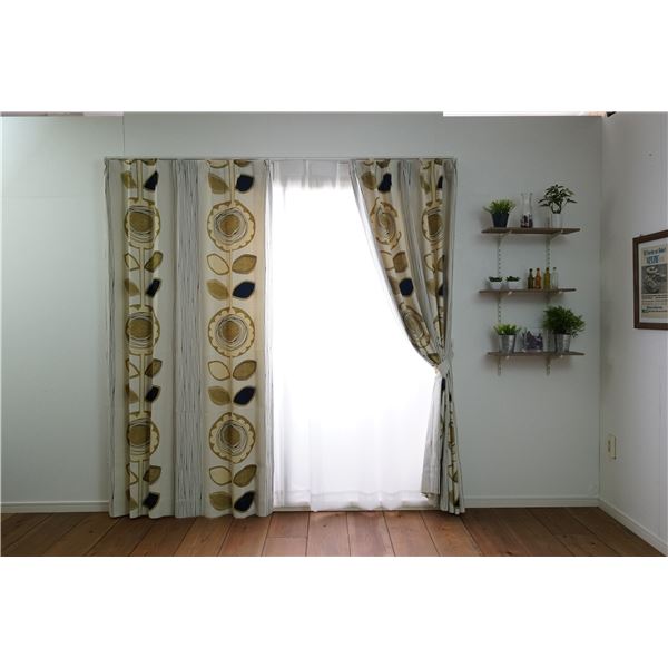 ひまわり柄 遮光カーテン (幅100cm×丈178cm アイボリー 1枚入) 遮光2級 タッセル付き 形状記憶加工 花柄 『サンフラワー』 |b04の通販は