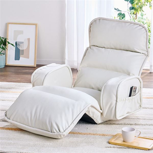 座椅子 フロアチェア (ひじ付ワイド アイボリー レザー調) リクライニング ハイバック NEW収納簡単低反発もこもこ座椅子 |b04の通販は