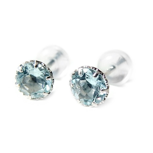 ピアス アクアマリン K14 ホワイトゴールド 約4mm シリコン製ダブルロックキャッチ仕様 一粒留 【メーカー直送】代引き・銀行振込前払い不可・同梱不可