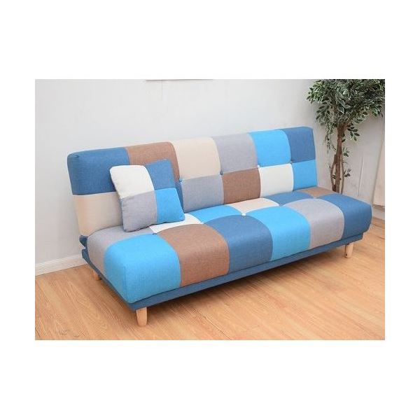 パッチワーク柄 ソファーベッド/ローソファー 【ブルー】 幅182cm 背もたれ
