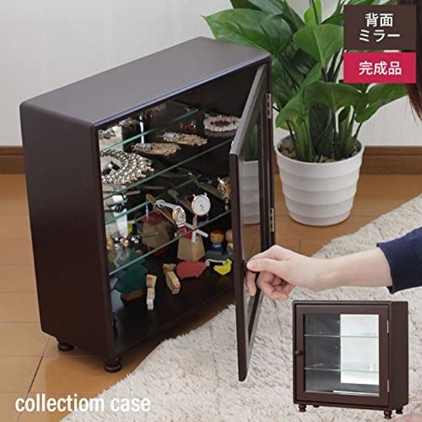 コレクションケース ディスプレイケース 約幅40cm ダークブラウン 脚付き ガラス棚付き 扉付き 内側背面ミラー リビング ホビー |b04