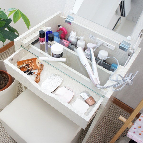 シンプル ドレッサーセット/化粧台・スツールセット 〔木目ホワイト