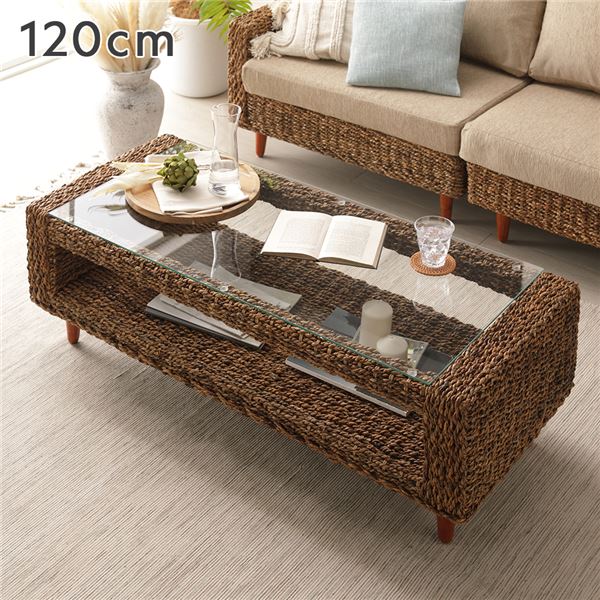 ローテーブル 約幅120cm 強化ガラス天板 脚付き 棚付き 自然素材 アバカ テーブル 脚部組立式 インテリア家具 |b04の通販は