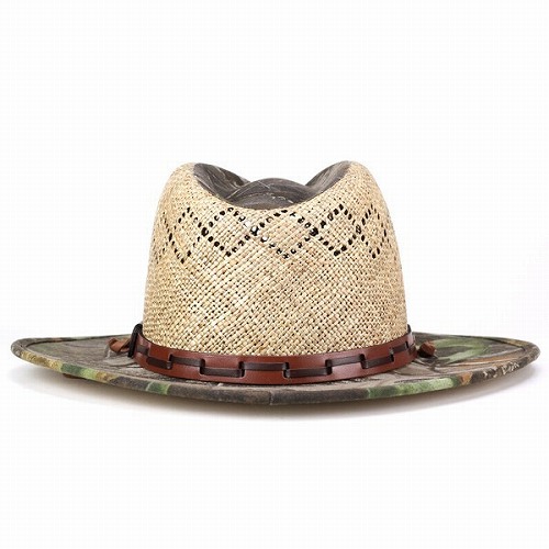 リアルカモフラージュ柄ハット ストローハット カウボーイ テンガロン ステットソン 迷彩 広つば あごひも付き DEER RUN ベージュ リアルカモフラージュ柄ハット ストローハット カウボーイ テンガロン