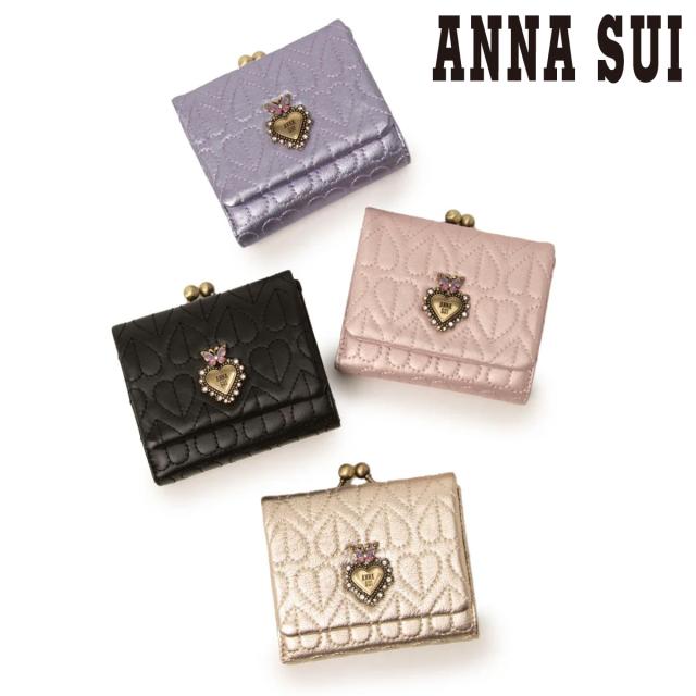 アナスイ 二つ折り財布 ガマ口 本革 レディース ドリーミー 318342 ANNASUI コンパクト ミニ財布 羊革 山羊革 刺繍 ハート キルト キルティング レザー