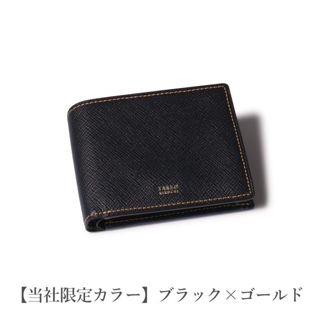 【レビュー投稿で+5％還元】財布 メンズ 二つ折り 本革 タケオキクチ 二つ折り財布 牛革 レザー シンプル 大人 ブランド コンパクト パナマ 別注カラー 当社限定 729624 TAKEO KIKUCHI｜風琴マチ ブラック ゴールド_5