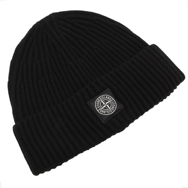 ストーンアイランド ニット帽 ビーニー リブ編み ロゴパッチ ブラック メンズ レディース STONE  K2S15 N100002 S00C3 V0029