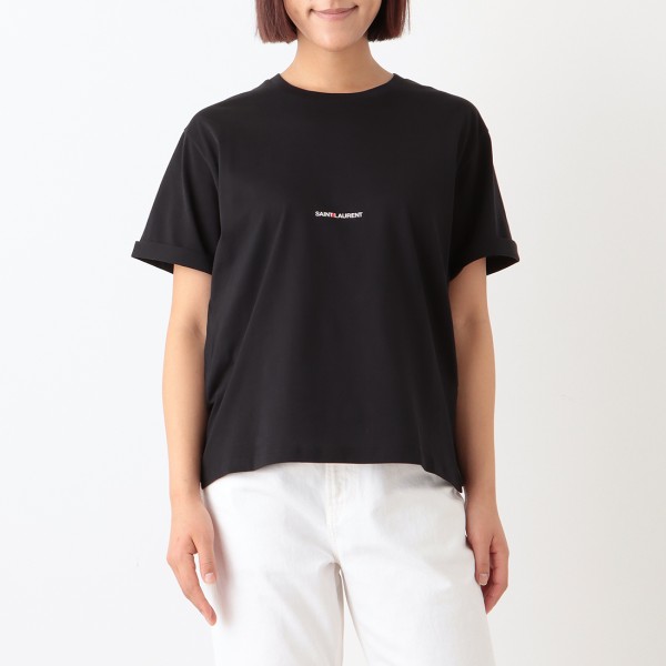 サンローランTシャツ黒ロゴ入り デニム、ベージュのパンツに○ サンローラン Tシャツ トップス ロゴ ブラック レディース SAINT