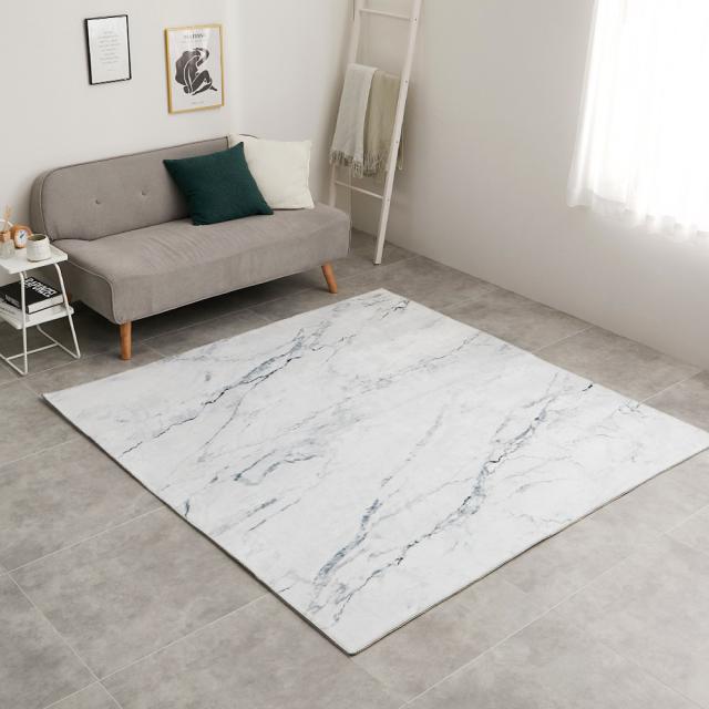 大理石柄のソフトフランネルラグ 190×190cm ホワイト 【直送品】 返品・キャンセル・他商品と同時購入は不可