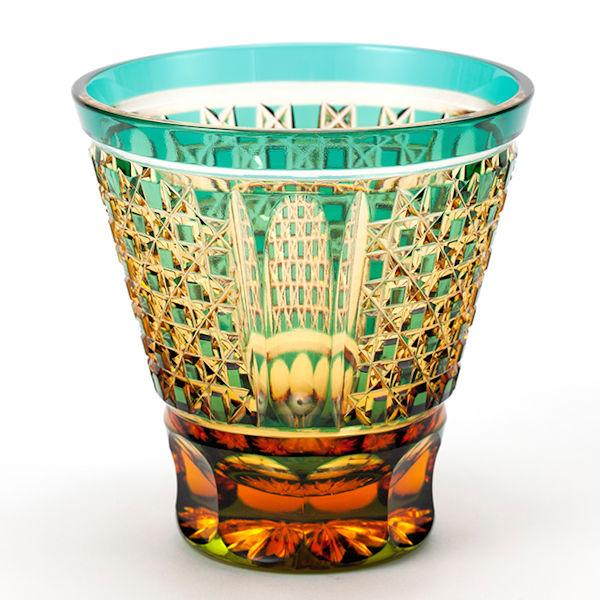 送料無料 江戸切子琥珀色緑被せクリスタルロックグラス 市松模様デザイン 伝統工芸品 303 の通販はau Pay マーケット エス アイ エス